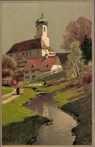 Künstler Litho Hey, Paul, Dorfidylle, Kirche, Meissner Buch 1462