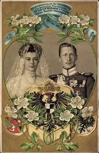 Präge Wappen Ak Kronprinz Wilhelm von Preußen, Kronprinzessin Cecilie von Preußen, Hochzeit