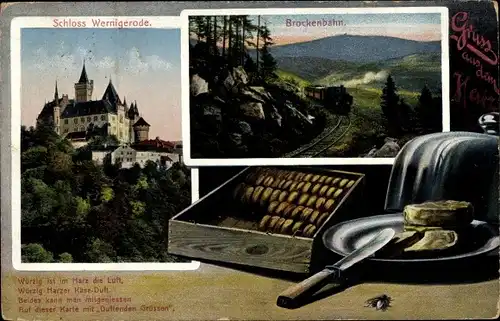 Ak Wernigerode am Harz, Schloss, Brockenbahn, Harzer Käse