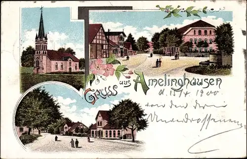 Litho Amelinghausen in der Lüneburger Heide, Kirche, Straße