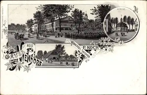 Litho Hamburg Eimsbüttel Niendorf, Münsters Gasthof, Kirche, Straße