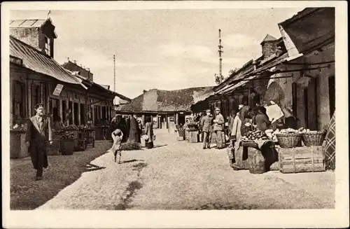 Ak Kowel Ukraine, Marktstraße, Marktstände