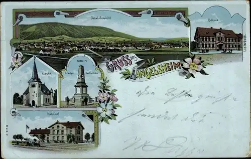 Litho Langelsheim am Harz, Kirche, Kriegerdenkmal, Bahnhof, Schule