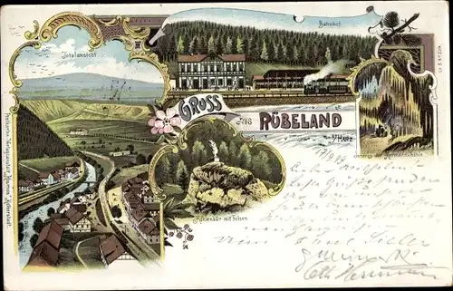 Litho Rübeland Oberharz am Brocken, Bahnhof, Hermannshöhle, Höhlenbär mit Felsen, Panorama