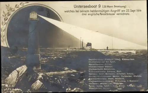 Ak U-Boot U9 im Leuchtkegel eines Leuchtturms, Otto Weddigen, Kaiserliche Marine