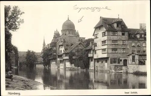 Ak Nürnberg in Mittelfranken Bayern, Partie an der Insel Schütt mit Synagoge