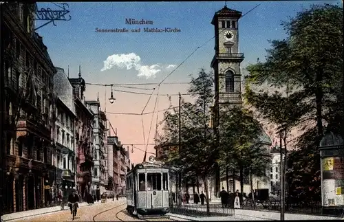 Ak München, Sonnenstraße mit Straßenbahn und Mathias Kirche