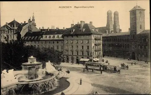 Ak München, Maximiliansplatz, Winter, Brunnen, Straßenbahn