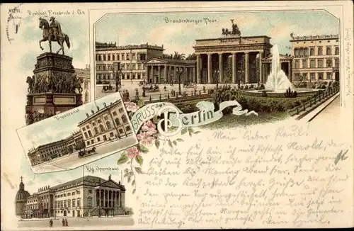 Litho Berlin, Brandenburger Tor, Universität, Kgl. Opernhaus, Denkmal