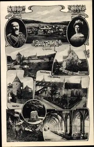 Ak Bebenhausen Tübingen am Neckar, Jagdschloss, Portrait d. Königspaares, Turm, Ort