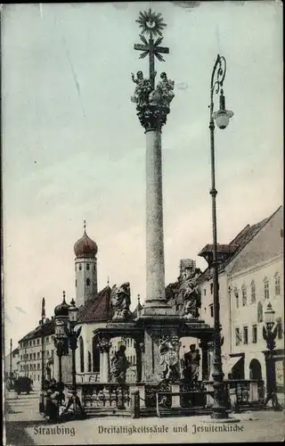 Ak Straubing an der Donau Niederbayern, Dreifaltigkeitssäule und Jesuitenkirche