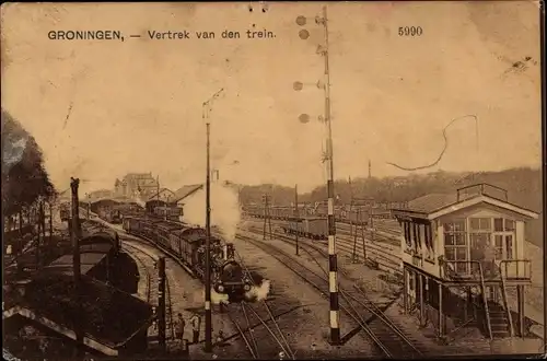 Ak Groningen Niederlande, Vertrek van den trein, Eisenbahn