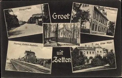 Ak Zetten Gelderland Niederlande, Bahnhof, Hoogstraat, Post, Witte Huis, Vluchtheuvelkerk