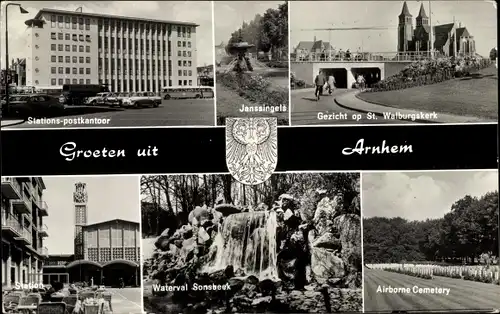 Ak Arnhem Gelderland Niederlande, St. Walburgskerk, Wasserfall Sonsbeek, Bahnhof, Friedhof