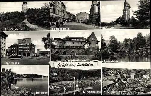 Ak Iserlohn im Märkischen Kreis, Bismarckturm, Rathausplatz, Danzturm, Rupenteich, Seilersee, Grüne