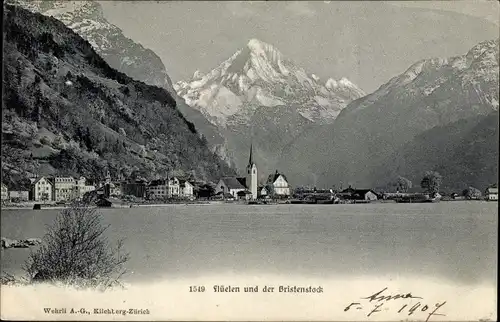 Ak Flüelen Kanton Uri Schweiz, Panorama mit Bristenstock