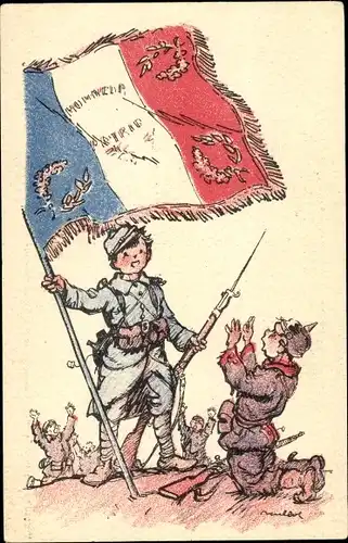Künstler Ak Siegreicher Franzose, Kniender deutscher Soldat, Propaganda, Französische Fahne