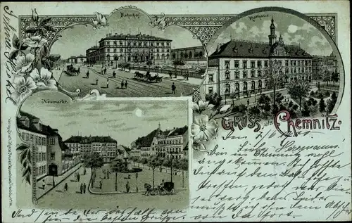 Mondschein Litho Chemnitz in Sachsen, Bahnhof, Rathaus, Neumarkt