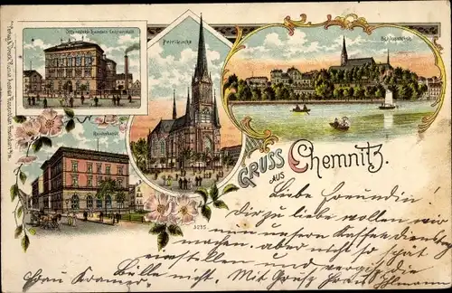 Litho Chemnitz in Sachsen, Öffentliche Handels-Lehranstalt, Petrikirche, Reichsbank