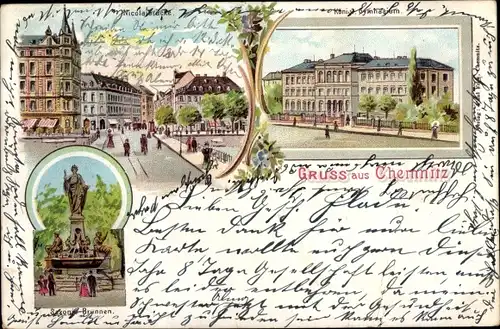 Litho Chemnitz in Sachsen, Kgl. Gymnasium, Brunnen, Nicolaistraße