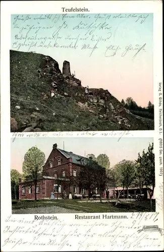 Ak Rothstein Rotstein Reichenbach in der Oberlausitz, Teufelstein, Restaurant Hartmann