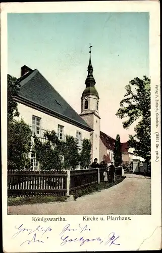 Ak Königswartha in der Oberlausitz, Kirche, Pfarrhaus