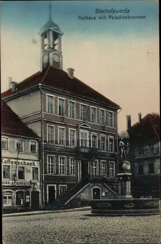 Ak Bischofswerda in Sachsen, Rathaus, Paradiesbrunnen, Kaffeeschank