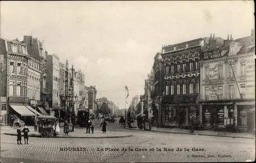 Ak Roubaix Nord, Place de la Gare, Rue de la Gare