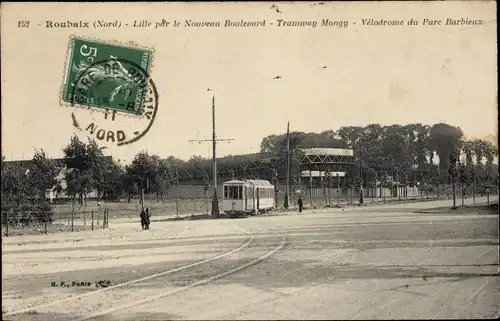 Ak Roubaix Nord, Lille am Neuen Boulevard, Straßenbahn Mongy, Velodrome du Parc Barbieux