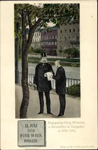 Ak Kaiser Wilhelm I. und Benedetti im Kurgarten von Bad Ems, 13. Juli 1870