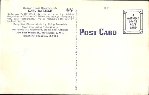 Ak Milwaukee Wisconsin USA, Restaurant von Karl Ratzsch