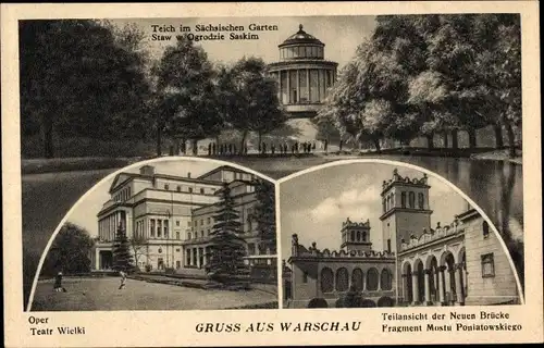 Ak Warszawa Warschau Polen, Teich im Sächsischen Garten, Oper, Neue Brücke