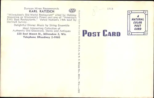 Ak Milwaukee Wisconsin USA, Milwaukee's Old World Restaurant, Inh. Karl Ratzsch