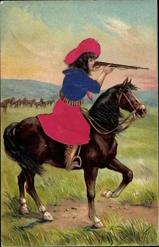 Stoff Ak Reiterin mit Gewehr