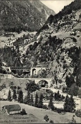 Ak Wassen Kt Uri Schweiz, Gotthardbahn, Maienreussbrücken