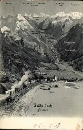 Ak Flüelen Kanton Uri Schweiz, Gotthardbahn Nordseite