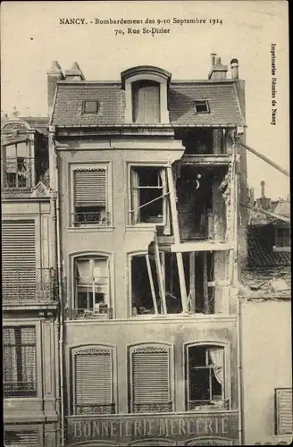 Ak Nancy Meurthe et Moselle, Bombardierung vom 9.-10.9.1914, 70 Rue St-Dizier, Bonneterie Mercerie