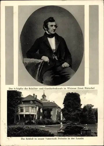 Ak Pulsnitz Sachsen, Schloss, Schöpfer des Schiller- und Goethedenkmals in Weimar, Ernst Rietschel