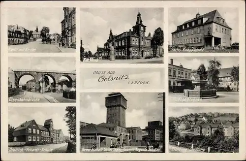 Ak Oelsnitz Erzgebirge, Markt, Kirche, Bahnbrücke, Brunnen