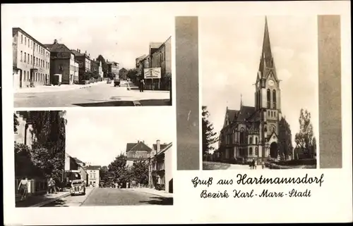 Ak Hartmannsdorf in Sachsen, Kirche, Straßenpartie