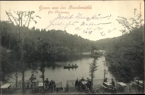 Ak Niederau in Sachsen, Buschmühle, Gewässer, Ruderboot, Terrasse