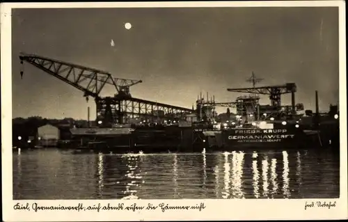 Mondschein Ak Kiel, Germania Werft, Hafenkran