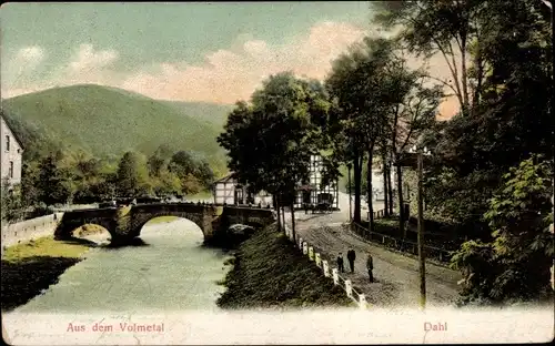 Ak Dahl Hagen in Westfalen, Volmetal, Fluss, Brücke, Fachwerkhaus