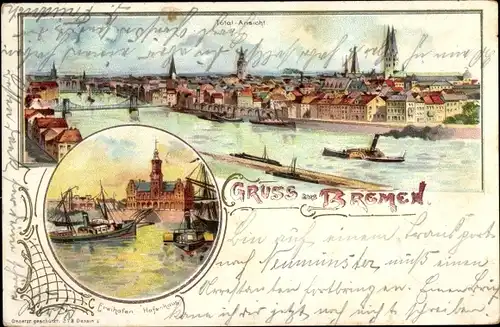 Litho Hansestadt Bremen, Totalansicht, Freihafen, Hafenhaus