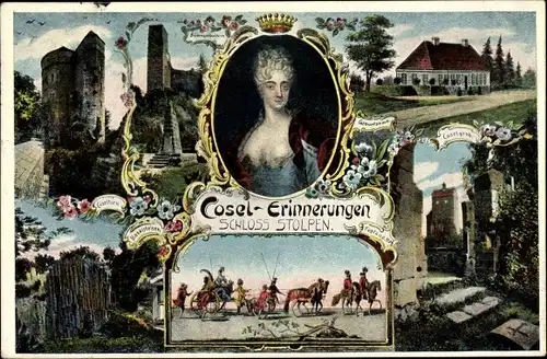 Ak Stolpen in Sachsen, Portrait von Anna Constantia Reichsgräfin von Cosel, Basaltfelsen, Schloss