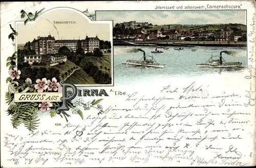 Litho Pirna an der Elbe, Schloss Sonnenstein, Panorama, Dampfer
