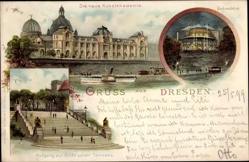 Litho Dresden Altstadt, Brühlsche Terrasse, neue Kunstakademie, Belvedere