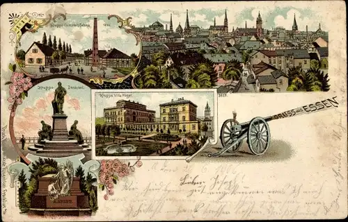 Litho Essen Ruhr, Villa Hügel, Krupps Gussstahlfabrik, Krupps Denkmal, Gesamtansicht