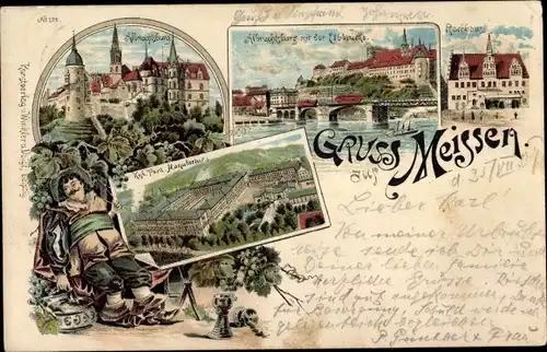 Litho Meißen an der Elbe, Albrechtsburg, Kgl. Porzellan Manufaktur, Rathaus, Elbbrücke