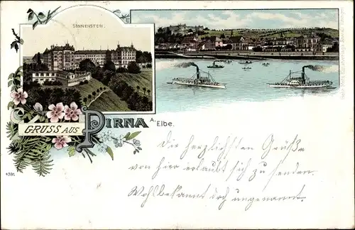 Litho Pirna an der Elbe, Schloss Sonnenstein, Panorama, Dampfer